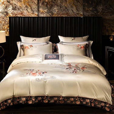Gold Champagne Flowers Embroidery Luxury Satin Duvet Cover, Egyptian Cotton 1200TC Bedding Set